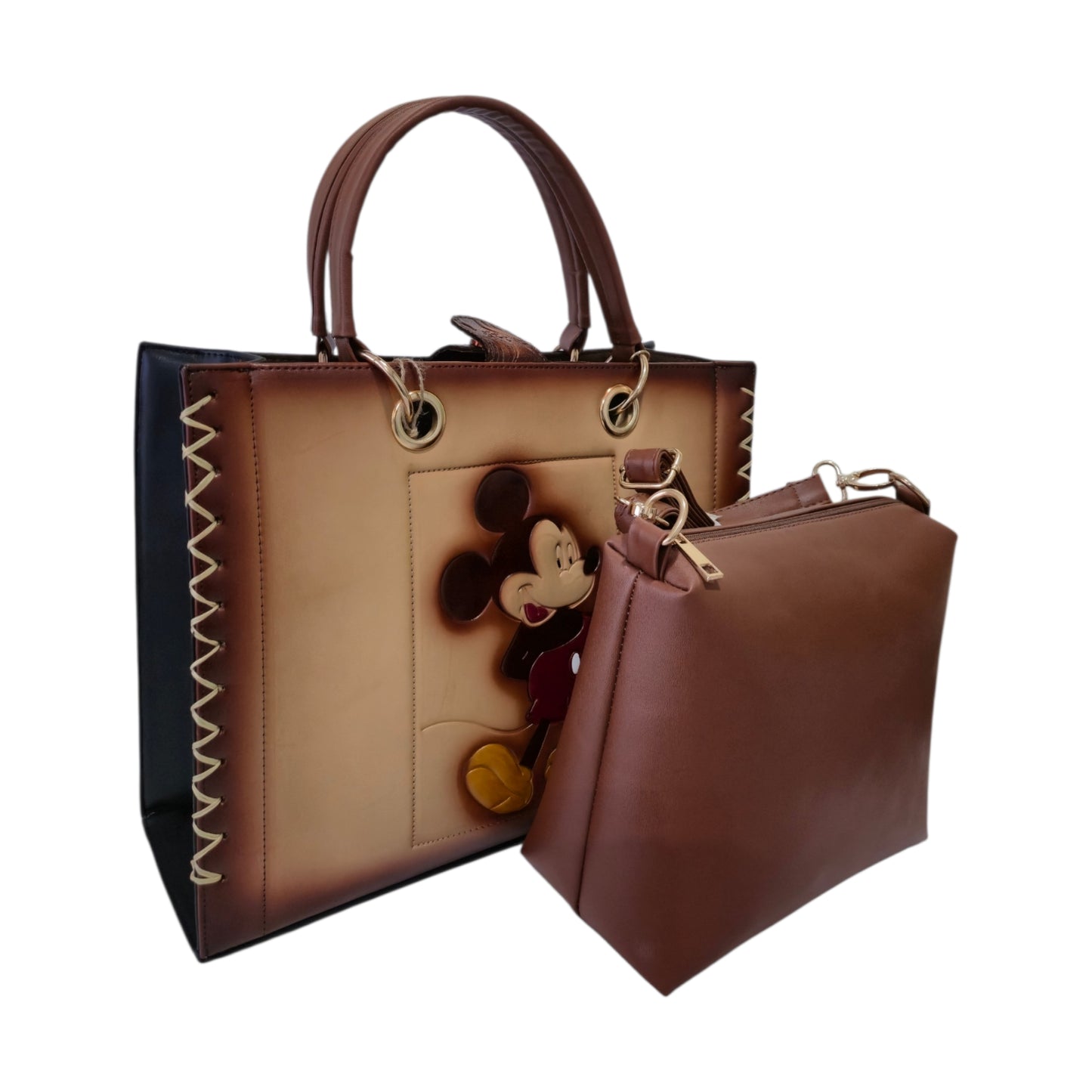 Bolsa Tote Artesanal Mickey Mouse Café Claro con Cosmetiquera