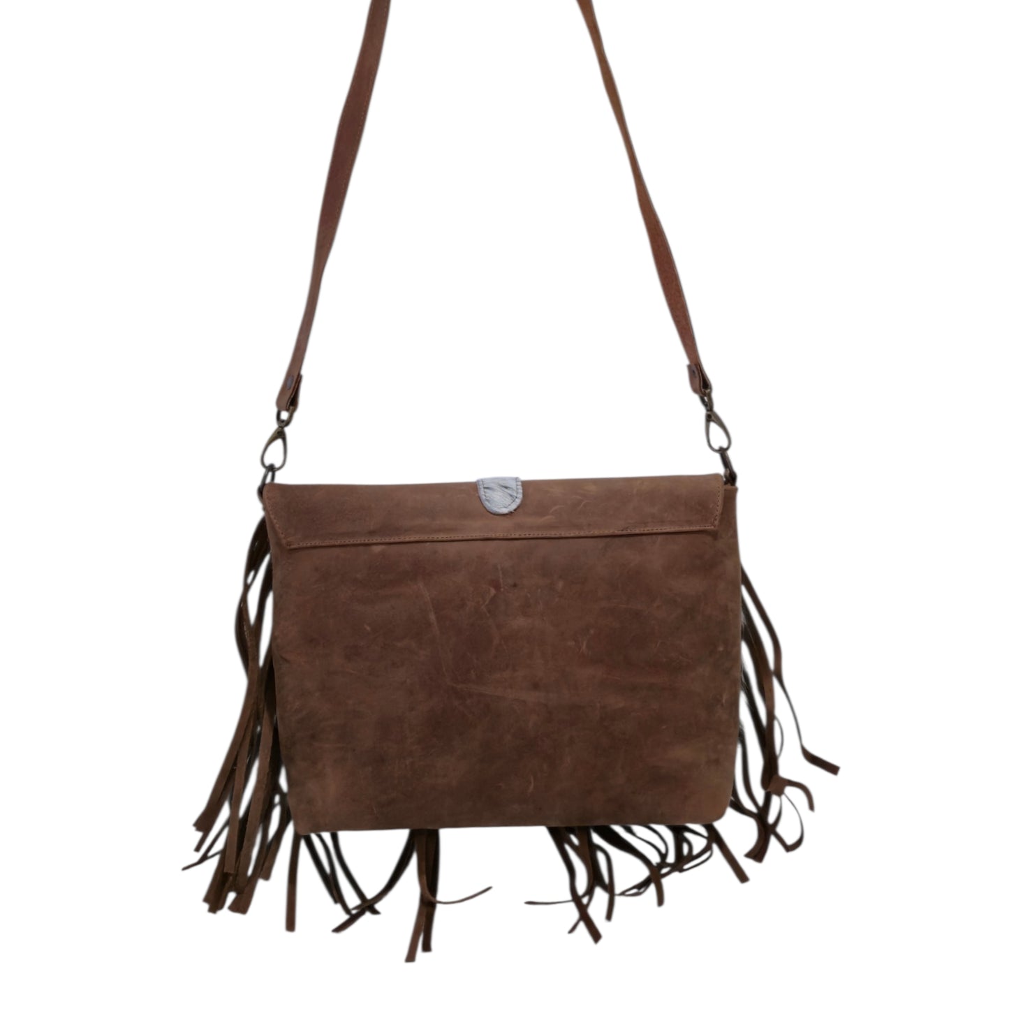 Handmade yellow backpack with natural fur and suede fringe