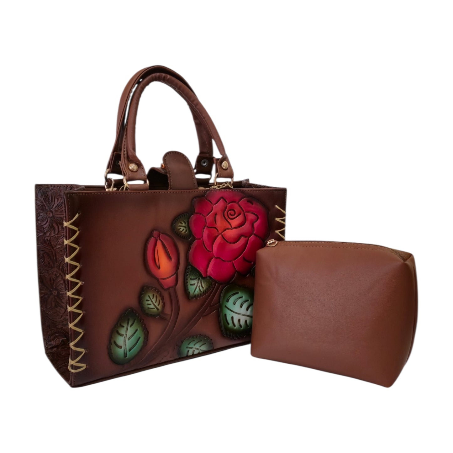 Bolsa Tote Artesanal para Mujer con Rosa en Relieve | Bolsa Organizadora
