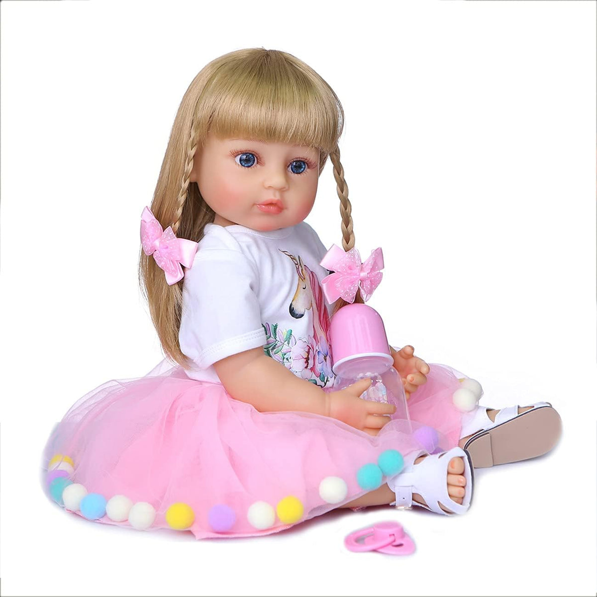 Muñeca bebé realista de vinilo 55 cm con cabello rubio y vestido rosa
