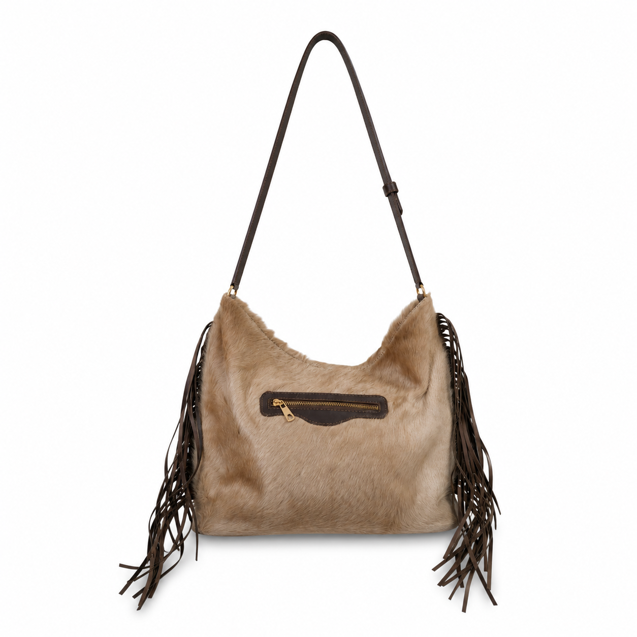 Handmade yellow backpack with natural fur and suede fringe