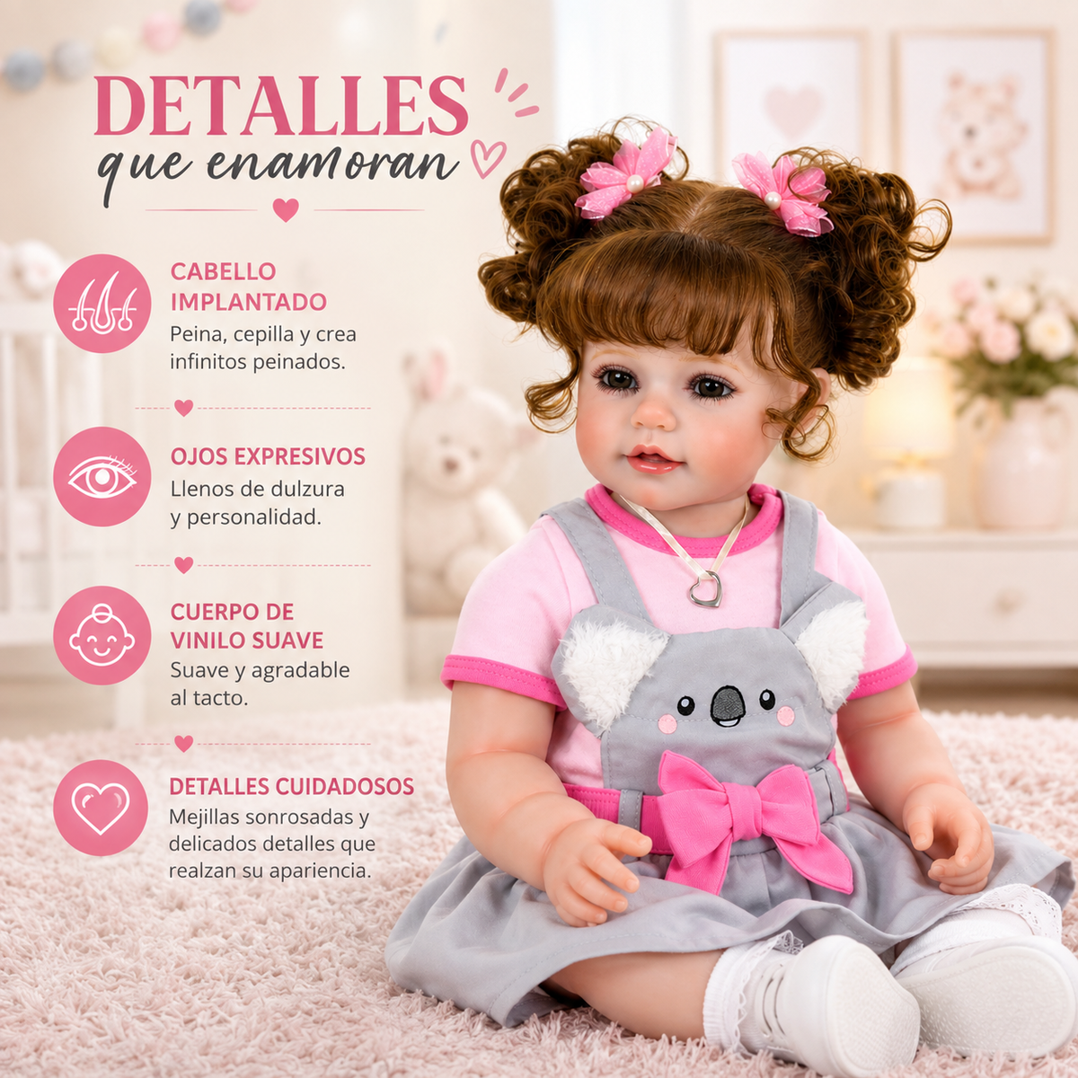 Muñeca Reborn Realista de 55 cm, Muñeca Bebé de Vinilo con Cabello Rizado y Vestido de Koala