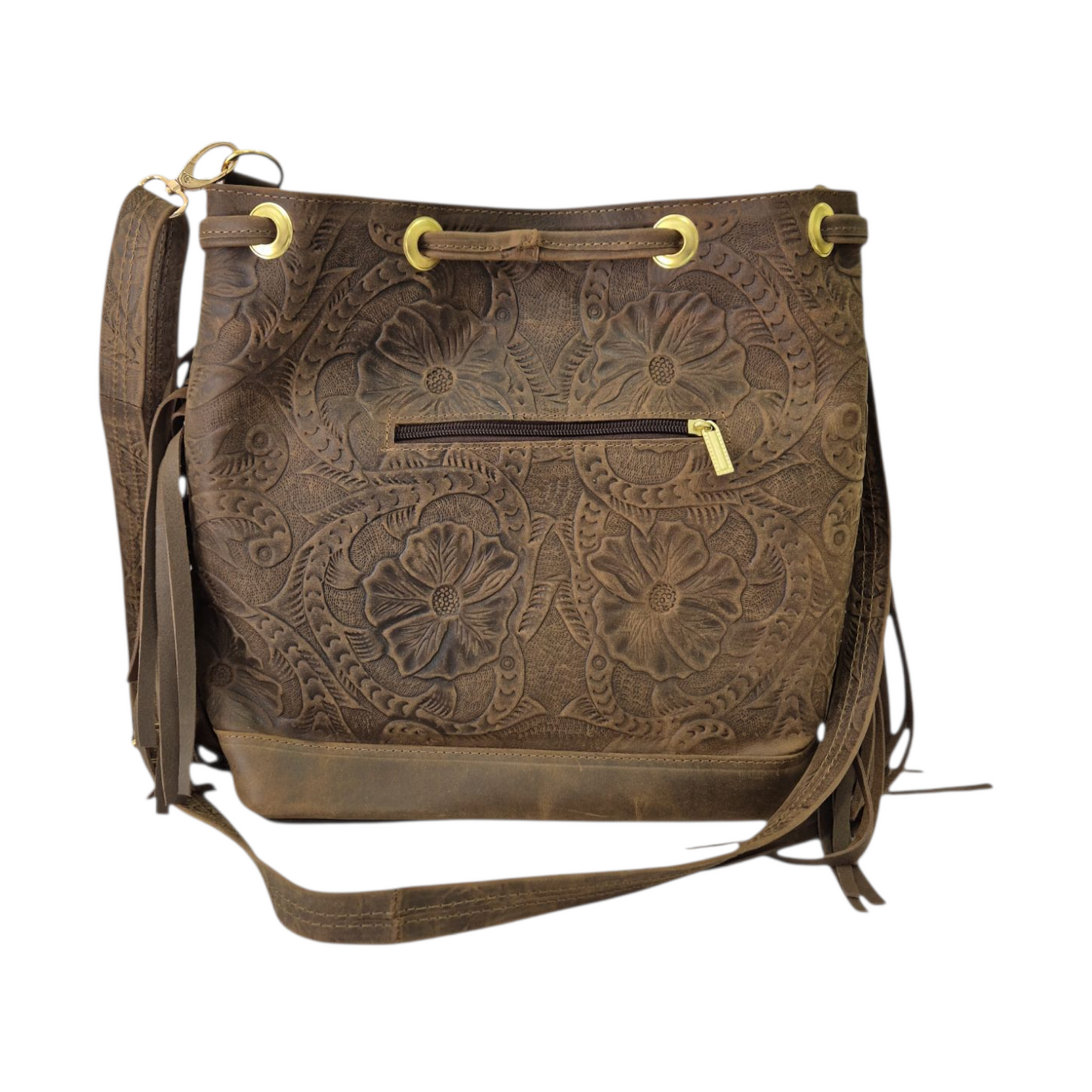 Bolso Bucket de Cuero con Pelo de Res Natural y Flecos