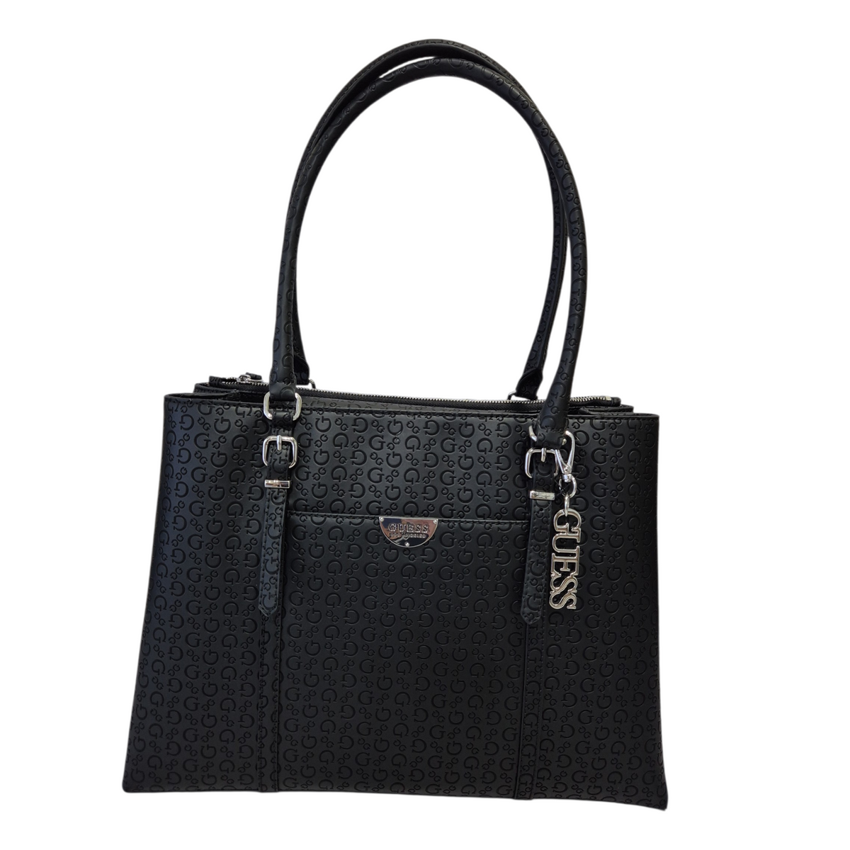 Bolsa Tote Guess Negra Monograma con Cierre y Compartimentos