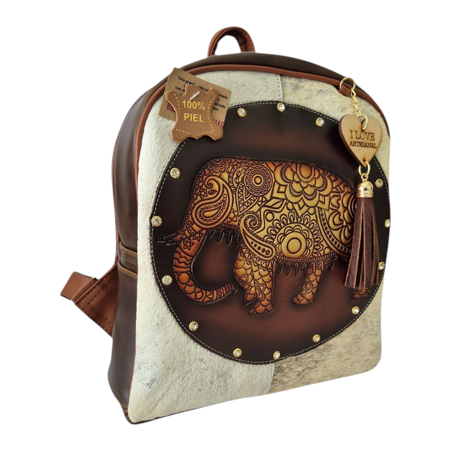 Mochila artesanal con grabado de elefante | Hecha a mano | Diseño exclusivo