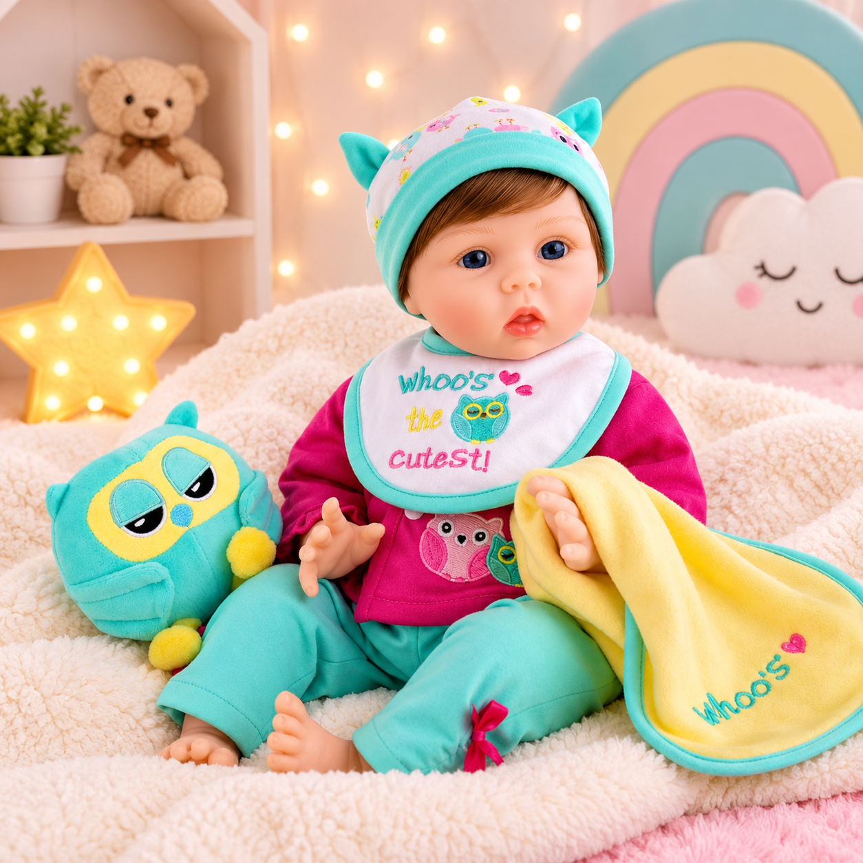 Realistic 46cm baby doll with brown complexion, cloth body and vinyl limbs