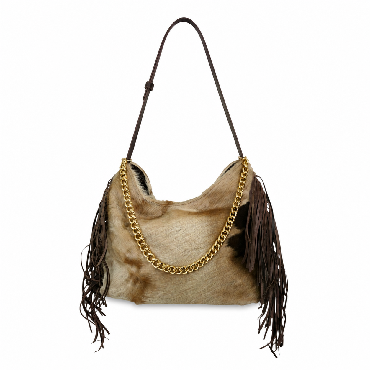 Handmade yellow backpack with natural fur and suede fringe
