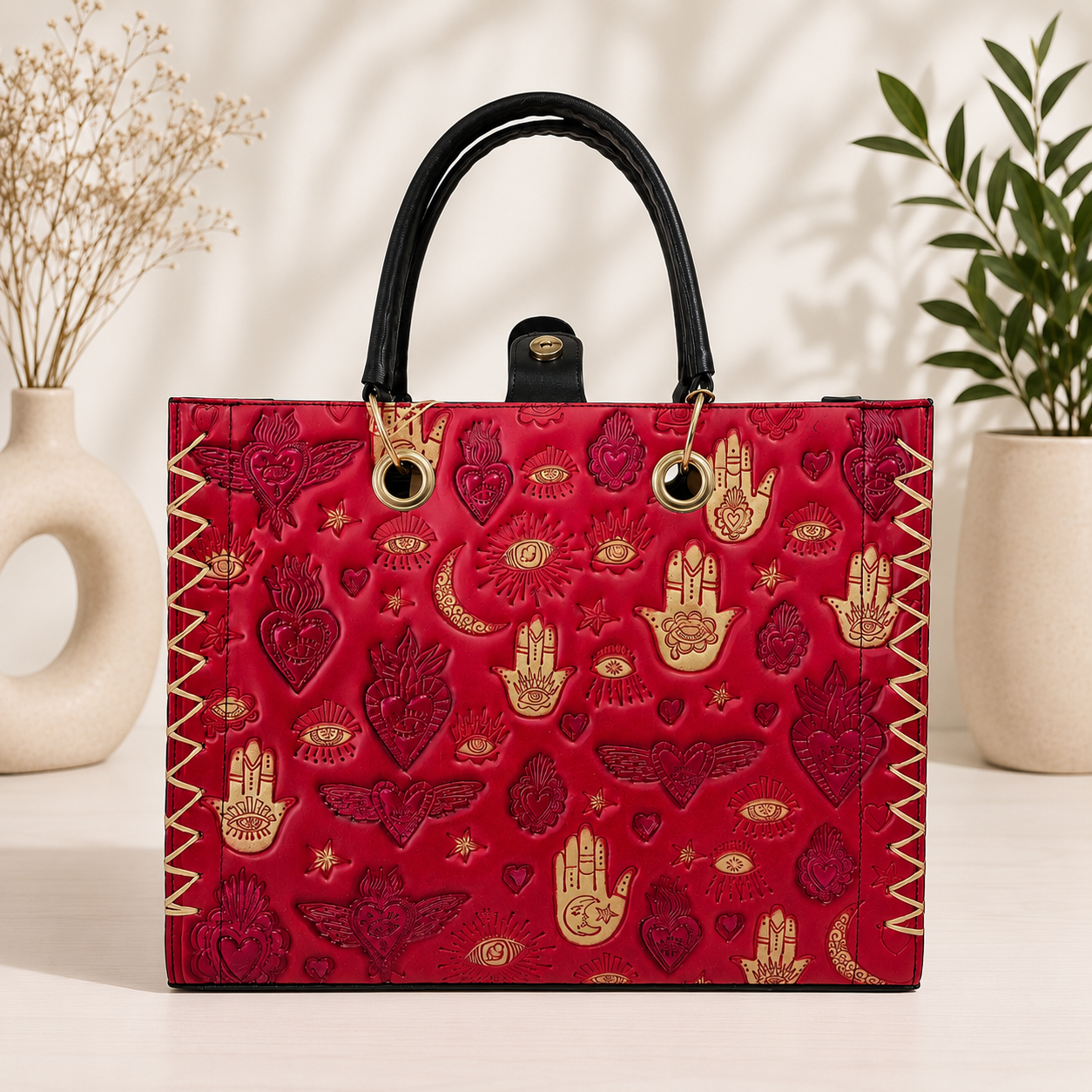 Bolsa Tote Artesanal Roja Diseño Místico para Mujer