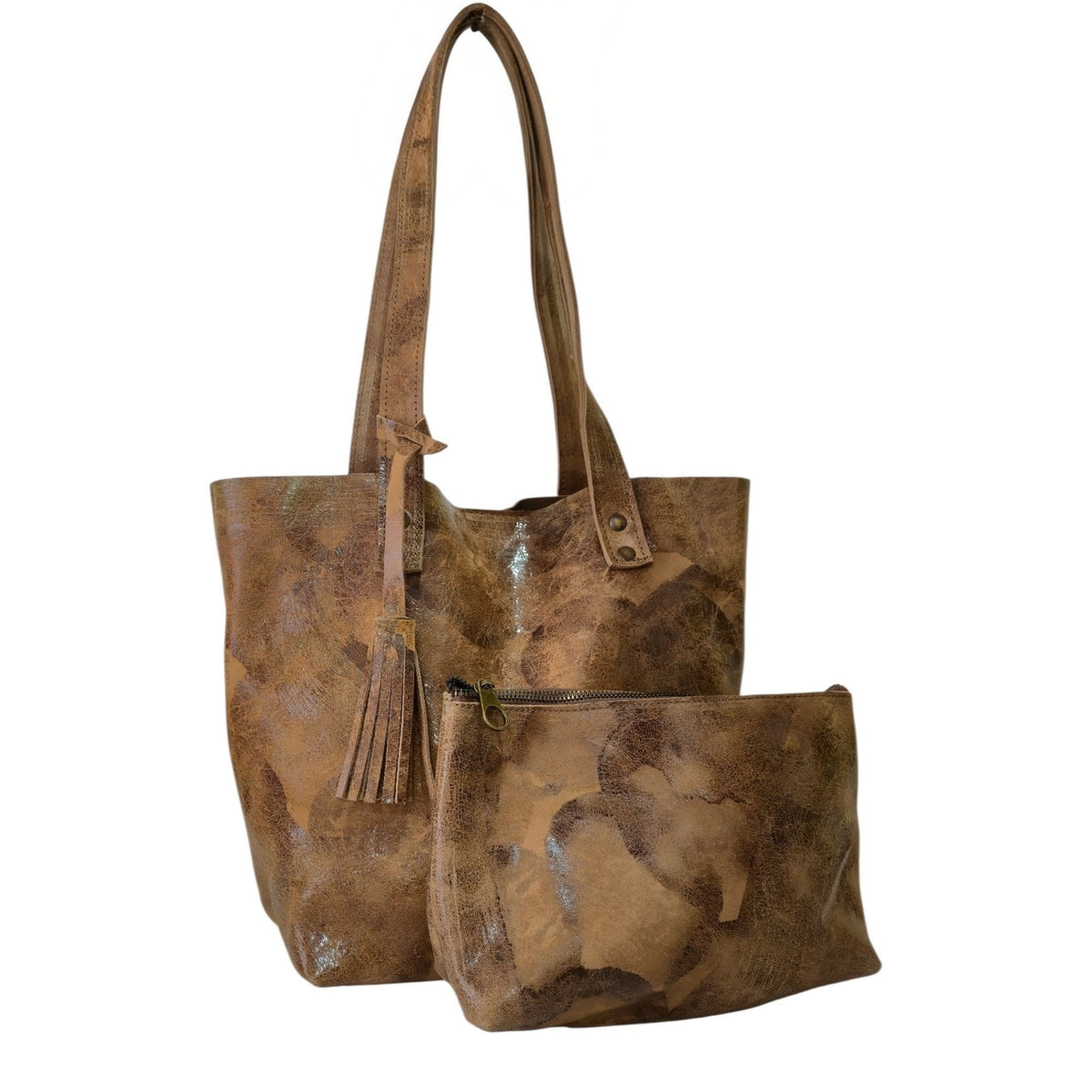 Bolsa de Piel Café Artesanal con Cosmetiquera