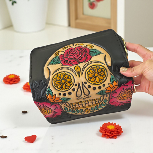 Billetera Artesanal de Piel con Diseño Calavera Floral – Color negro