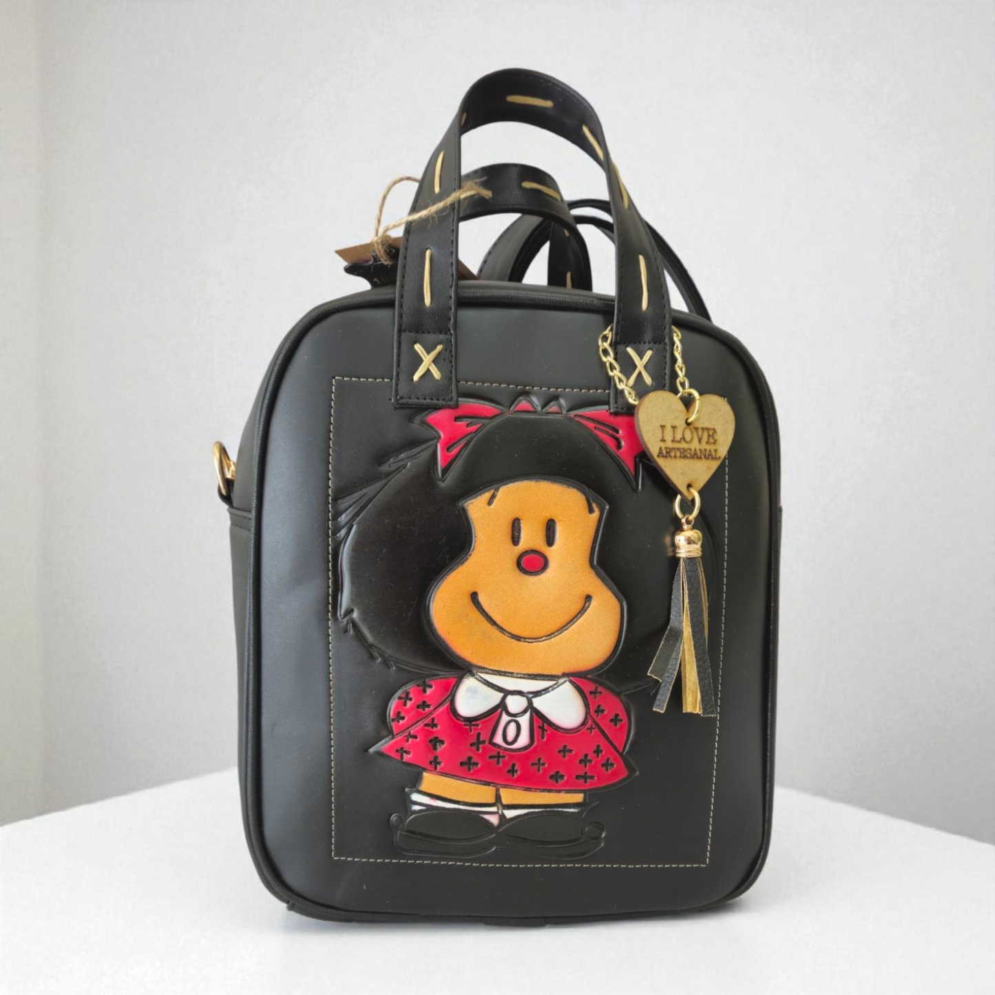 Bolsa y Mochila Artesanal con Diseño Alegre Hecha a Mano, Negra, Multifuncional