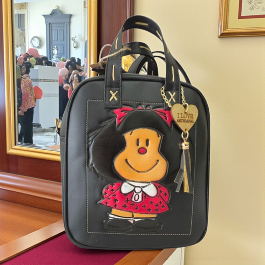 Bolsa y Mochila Artesanal con Diseño Alegre Hecha a Mano, Negra, Multifuncional