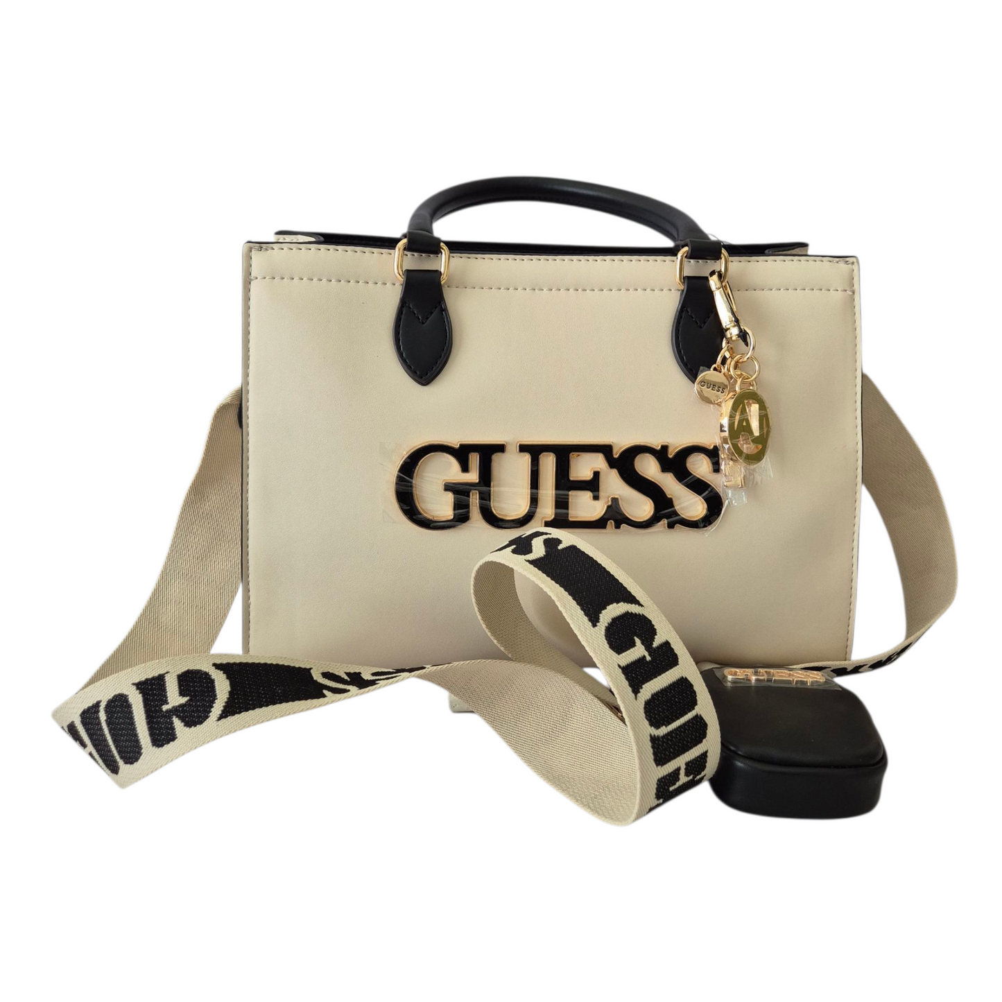 Bolsa beige con correa ajustable y asa corta, estilo elegante y moderno