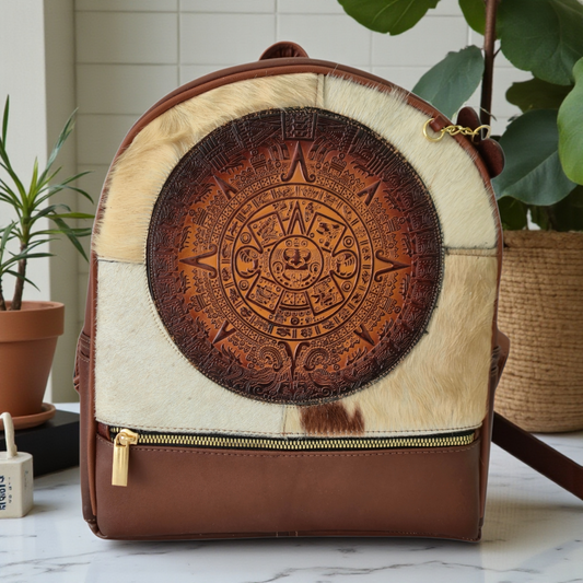Mochila Artesanal de Piel con Calendario Azteca Grabado | Backpack Mexicana Hecha a Mano