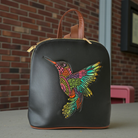 Bolsa Mochila Artesanal Negra con Colibrí Multicolor Grabado – Estilo Único y Elegante