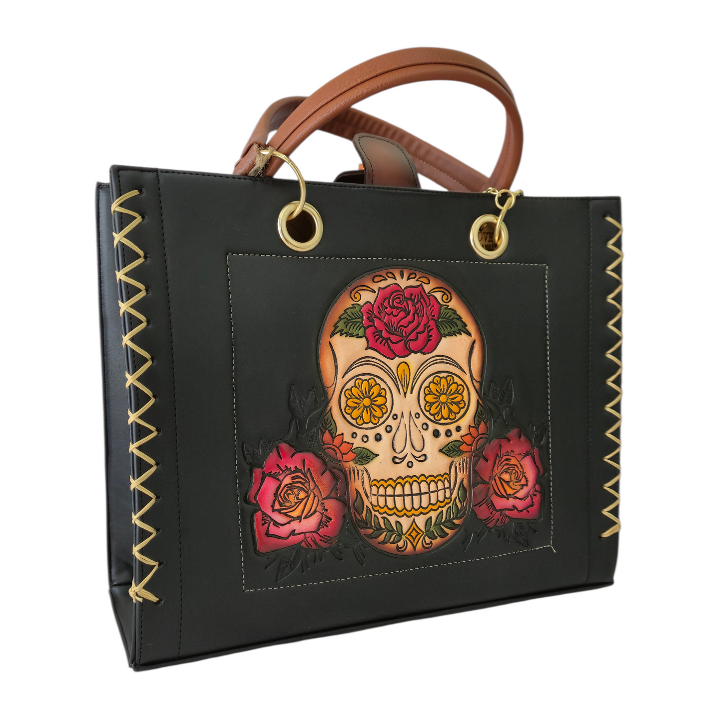Bolsa de Mano Negra con Calavera Floral + Cosmetiquera Crossbody