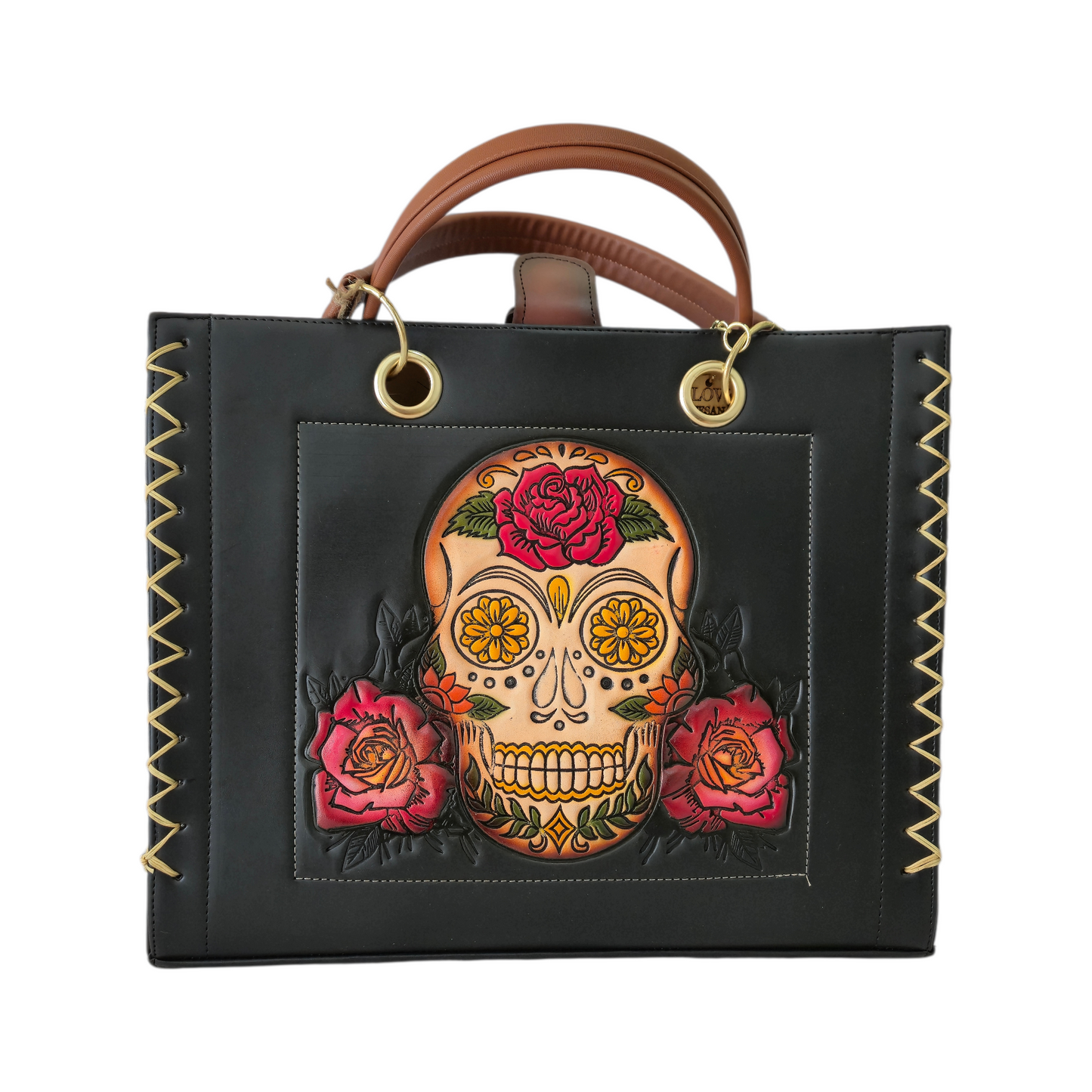 Bolsa de Mano Negra con Calavera Floral + Cosmetiquera Crossbody