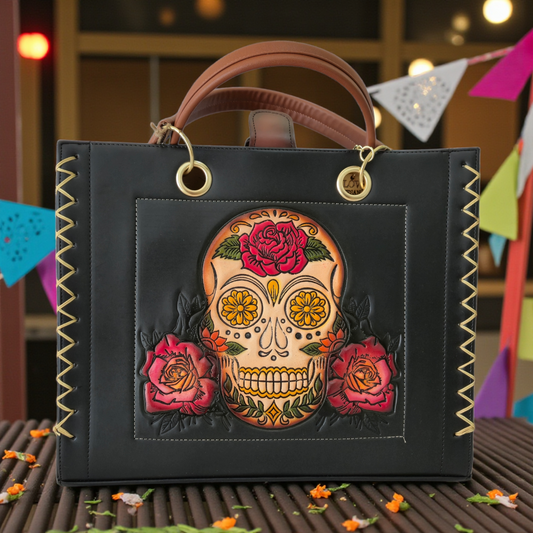 Bolsa de Mano Negra con Calavera Floral + Cosmetiquera Crossbody