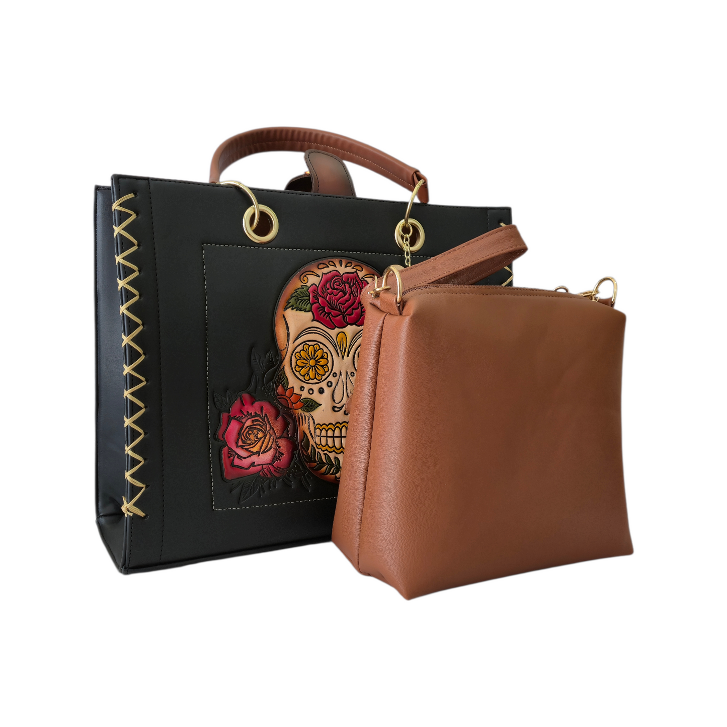 Bolsa de Mano Negra con Calavera Floral + Cosmetiquera Crossbody