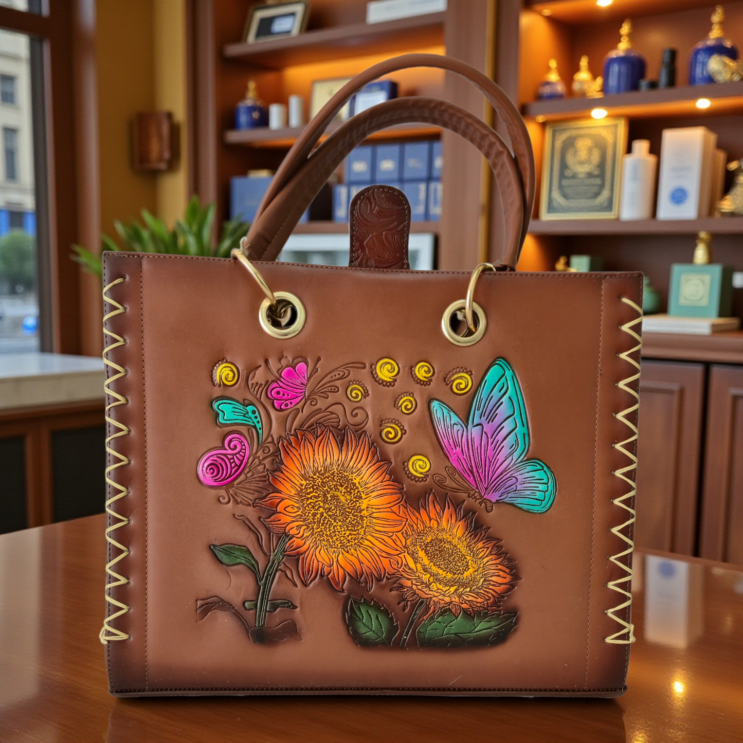 Bolsa Artesanal Grabada con Girasoles y Mariposa – Diseño Colorido y Detallado