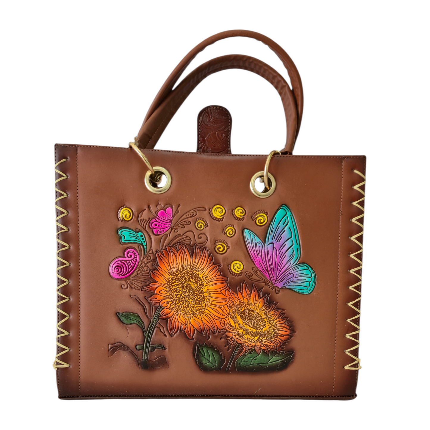 Bolsa Artesanal Grabada con Girasoles y Mariposa – Diseño Colorido y Detallado