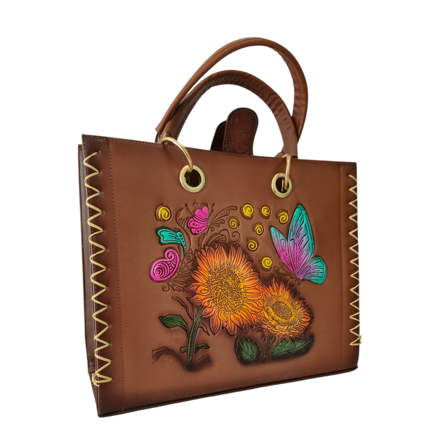 Bolsa Artesanal Grabada con Girasoles y Mariposa – Diseño Colorido y Detallado