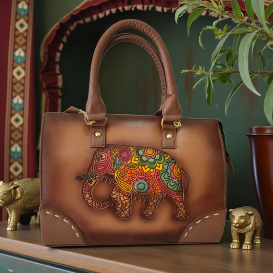 Bolsa Artesanal con Elefante Mandala Grabado y Colores Vibrantes