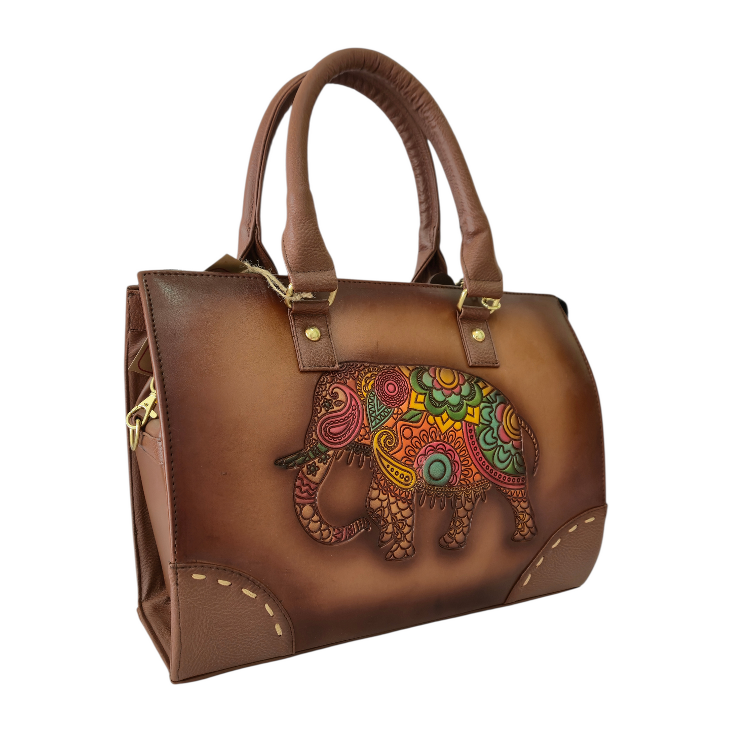 Bolsa Artesanal con Elefante Mandala Grabado y Colores Vibrantes