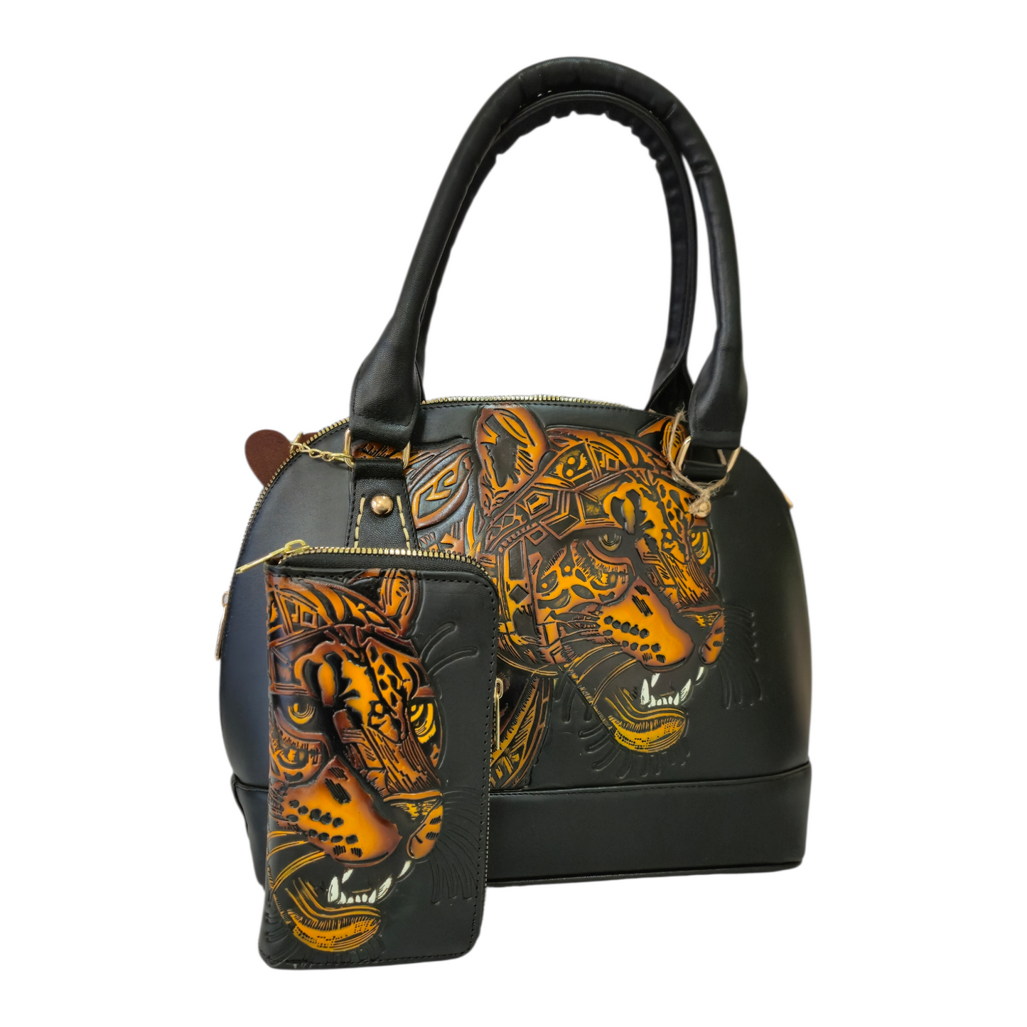 Set Artesanal de Bolsa de Mano y Billetera con Jaguar en Relieve | Diseño Elegante