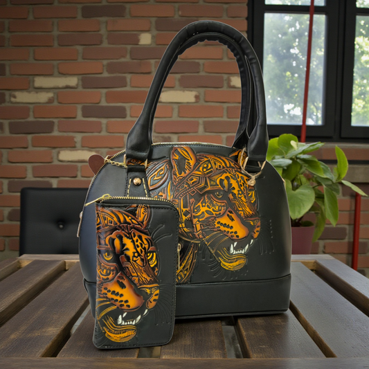 Set Artesanal de Bolsa de Mano y Billetera con Jaguar en Relieve | Diseño Elegante