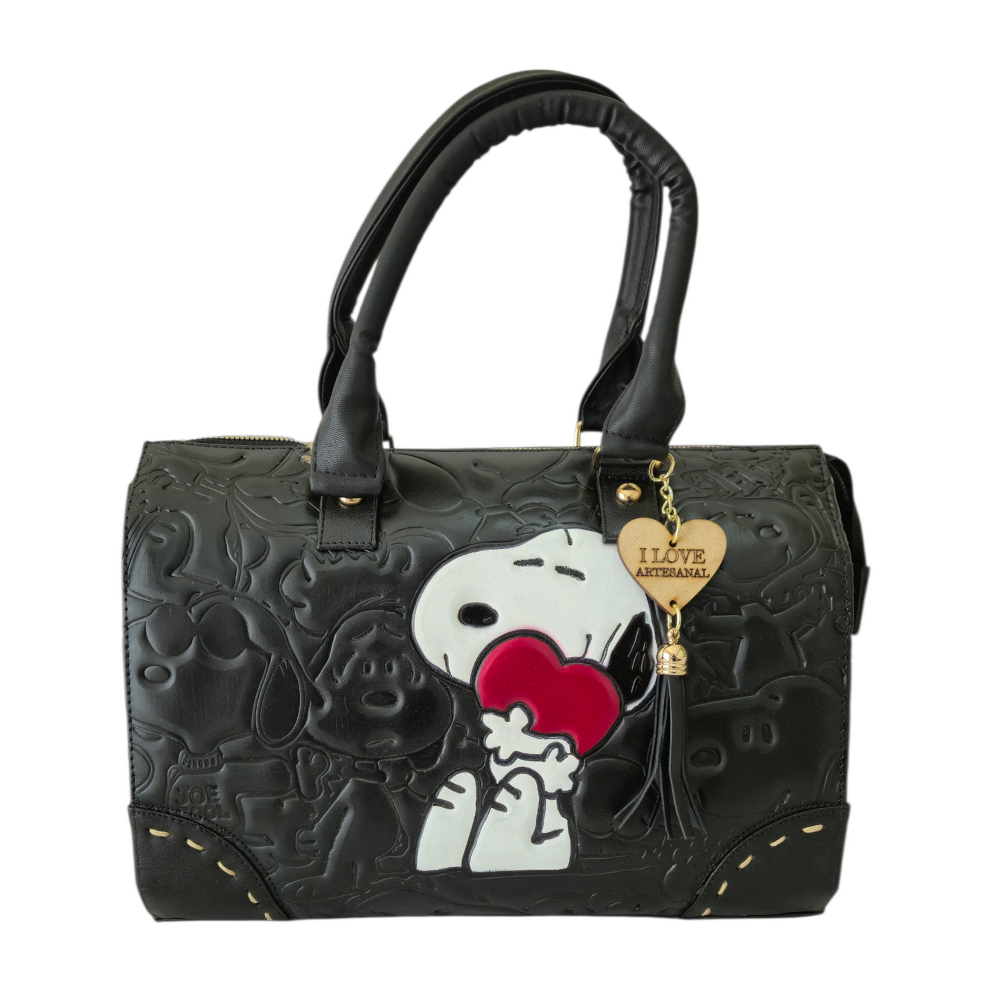 Bolsa de Mano Artesanal Negra con Diseño en Relieve y Corazón Decorativo