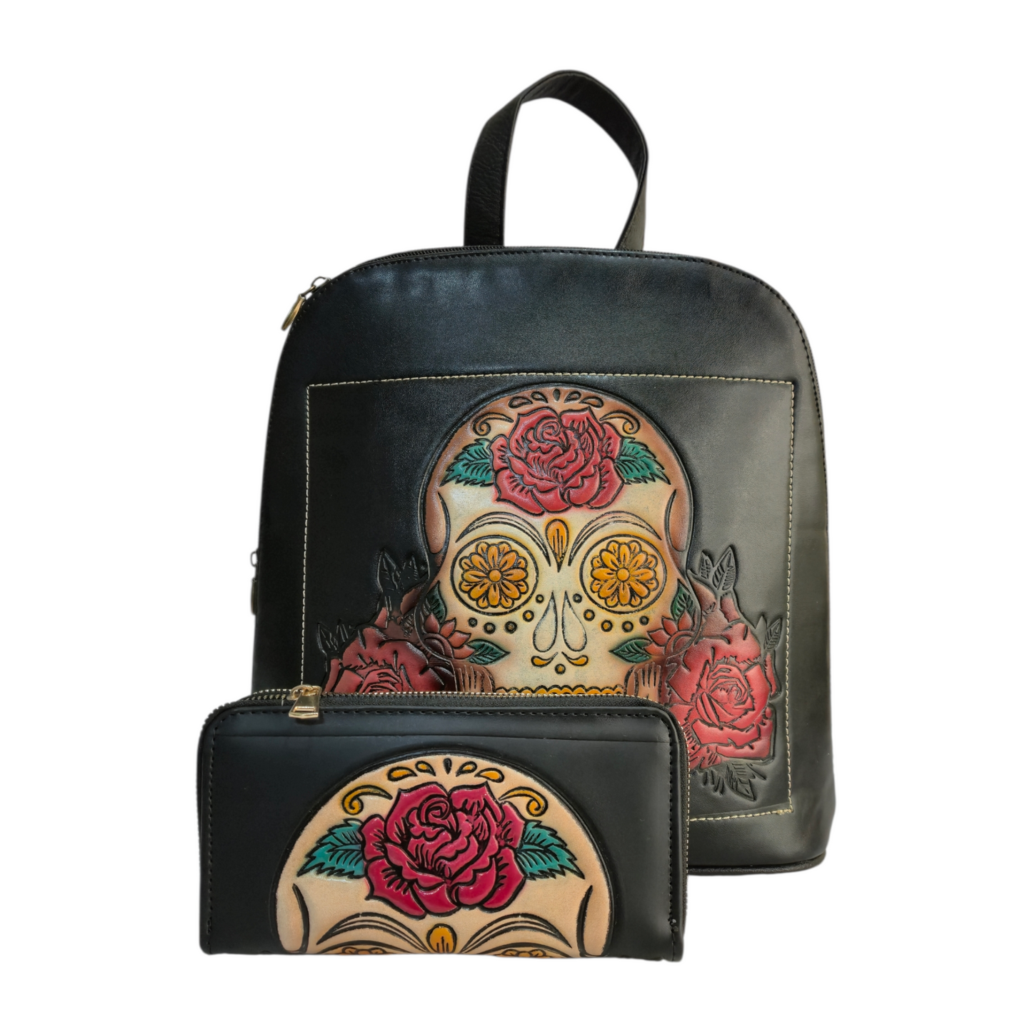 Set Artesanal de Mochila y Billetera con Diseño Calavera Floral en Relieve