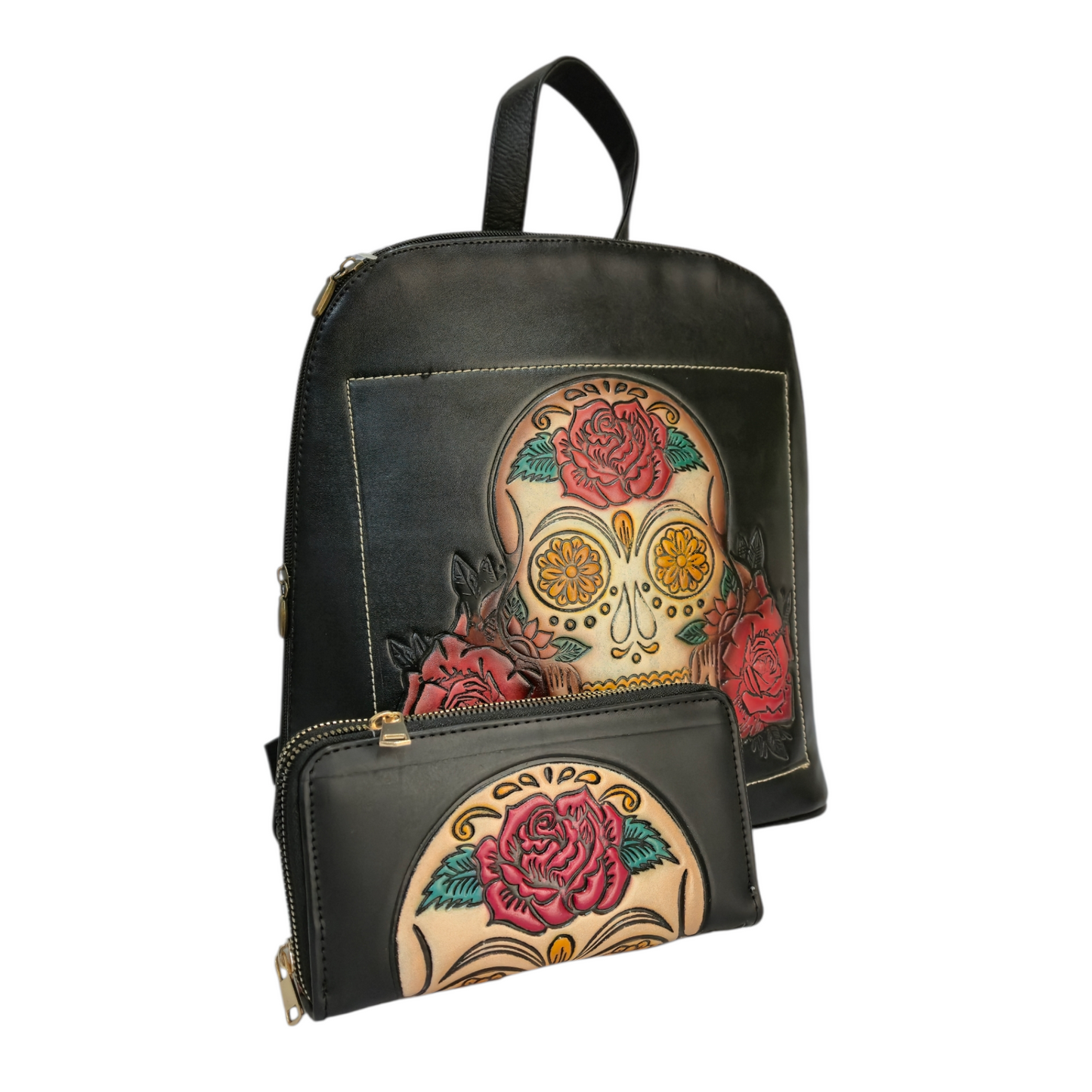 Set Artesanal de Mochila y Billetera con Diseño Calavera Floral en Relieve