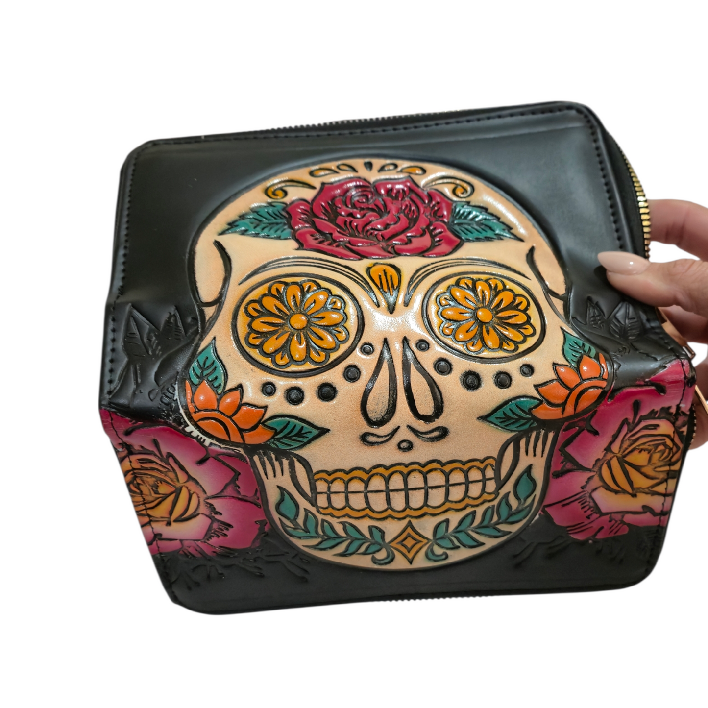 Set Artesanal de Mochila y Billetera con Diseño Calavera Floral en Relieve