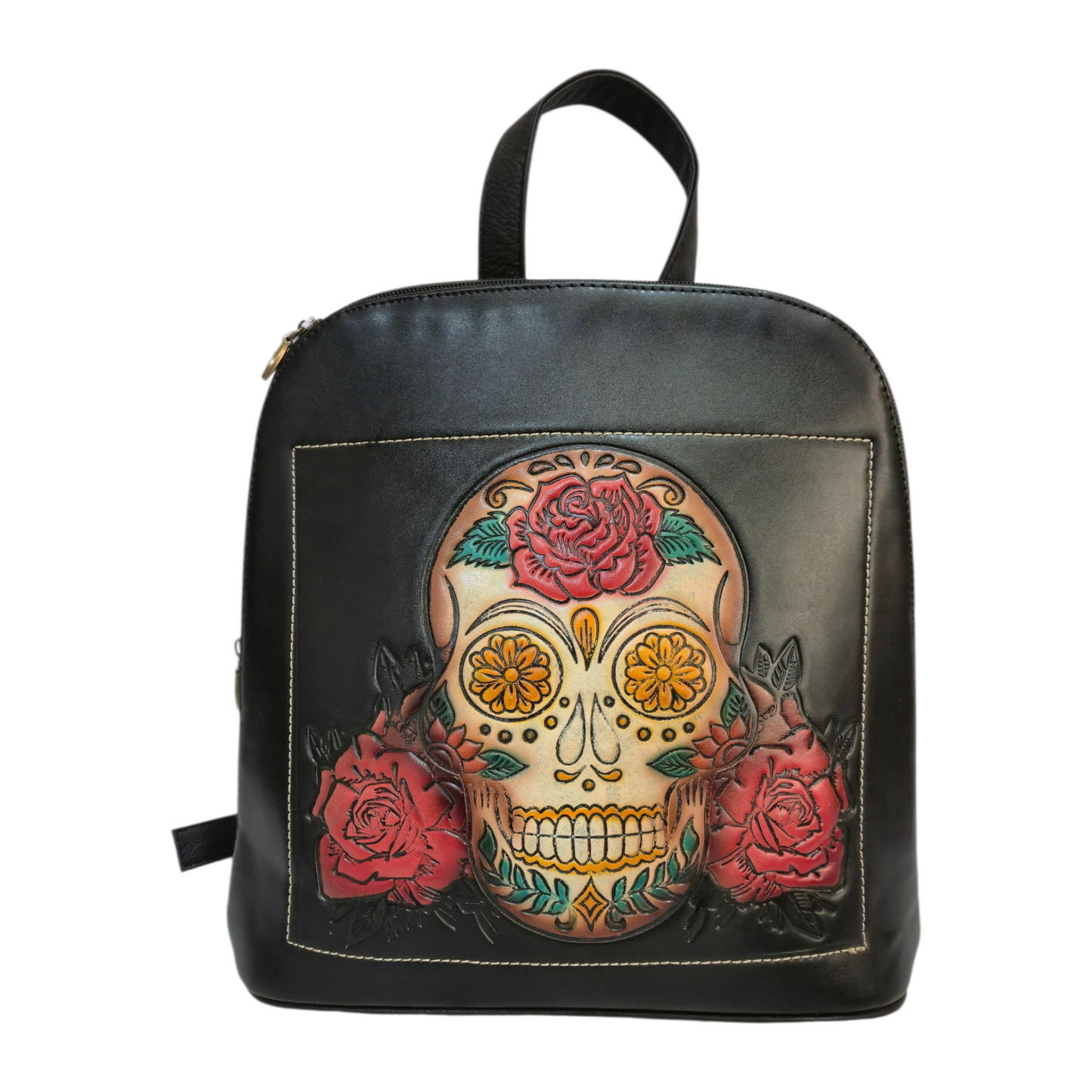 Set Artesanal de Mochila y Billetera con Diseño Calavera Floral en Relieve