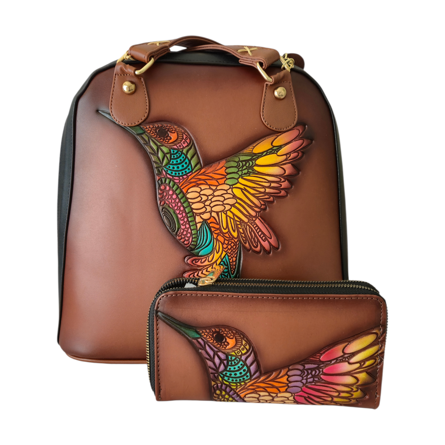 Set Artesanal de Bolsa y Mochila con Cartera | Diseño de Colibrí en Relieve