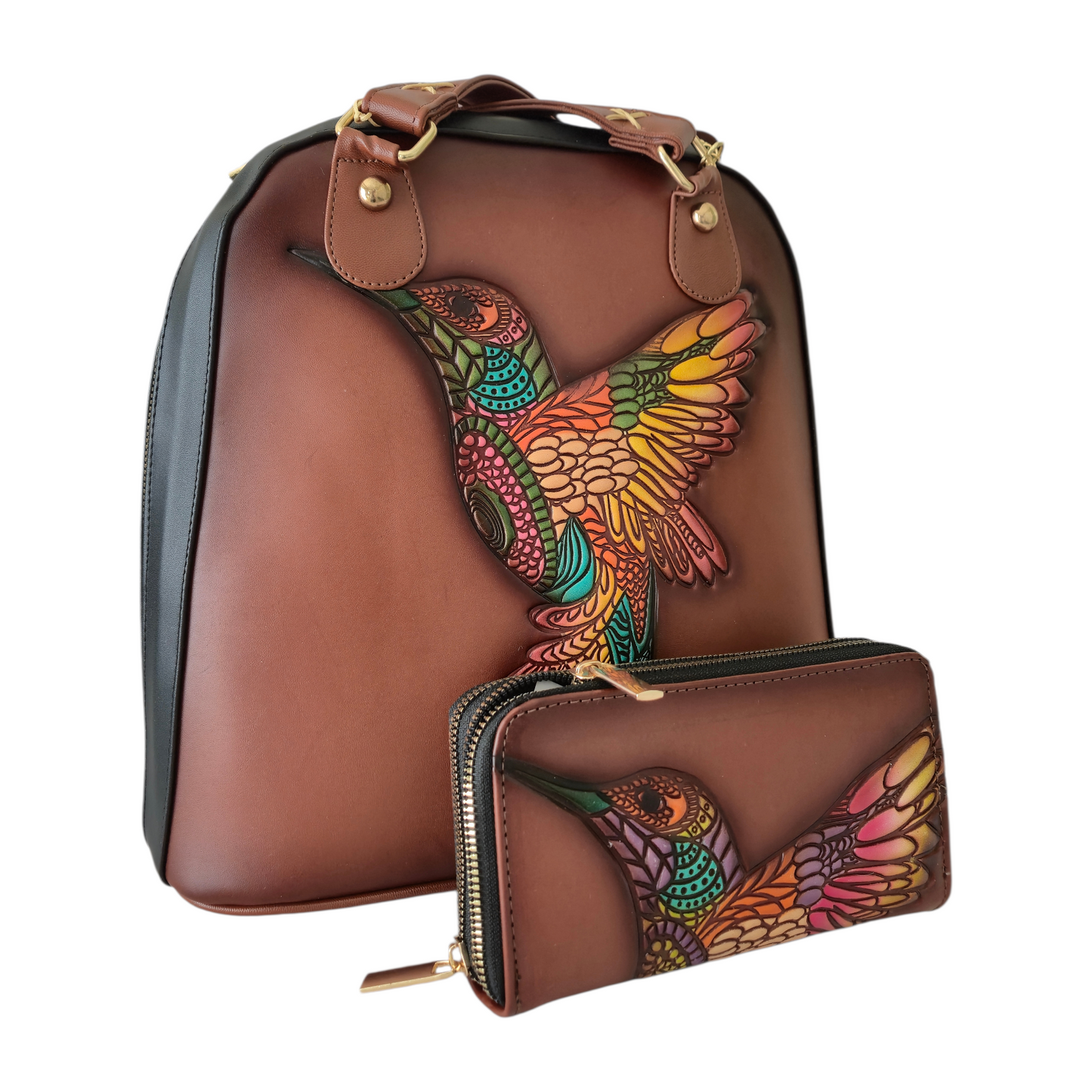 Set Artesanal de Bolsa y Mochila con Cartera | Diseño de Colibrí en Relieve