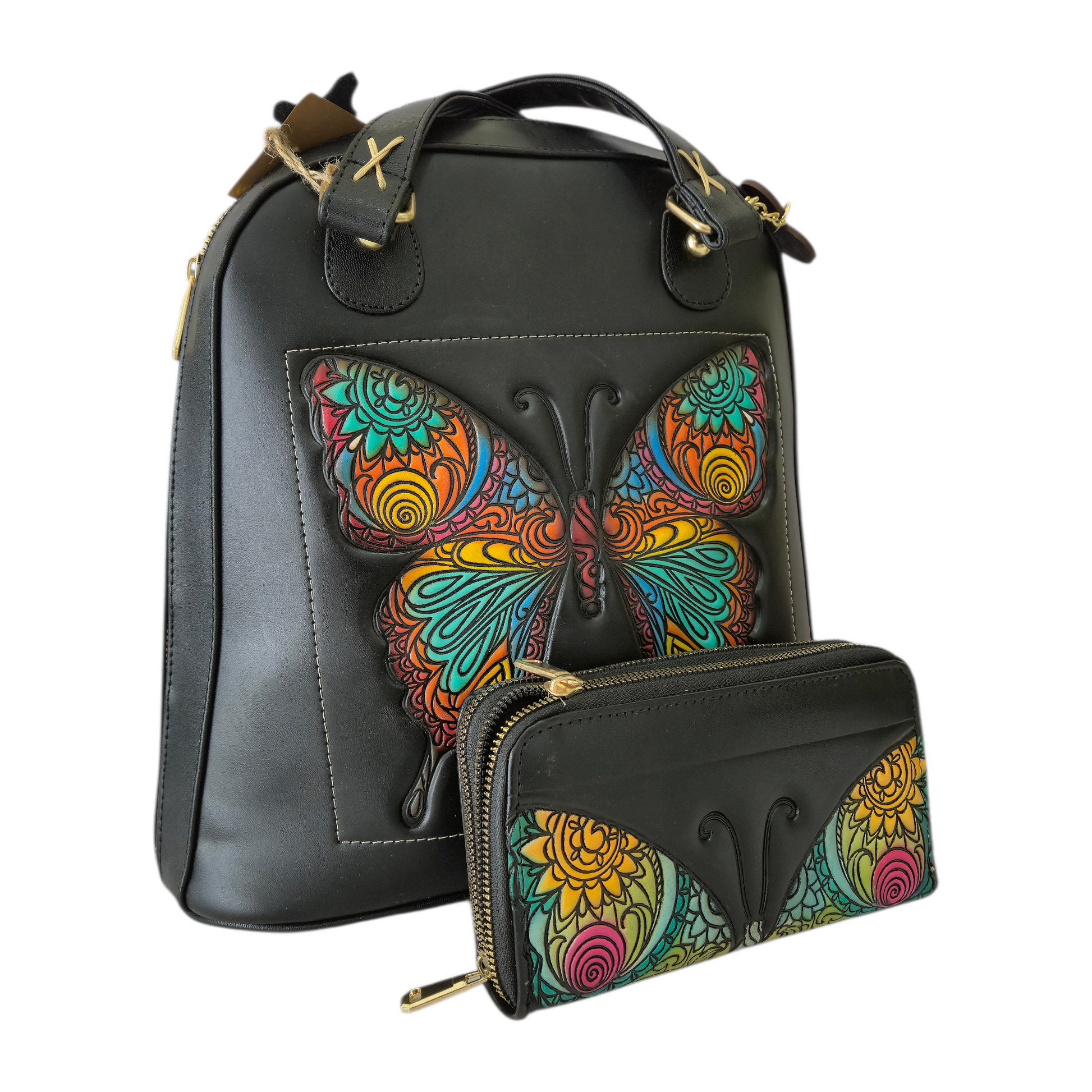Black Backpack Bag with Artistic Butterfly + Matching Wallet – Meraki Nogales