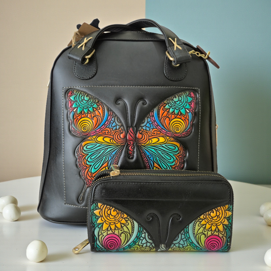 Bolsa Mochila Negra con Mariposa Artística + Billetera a Juego