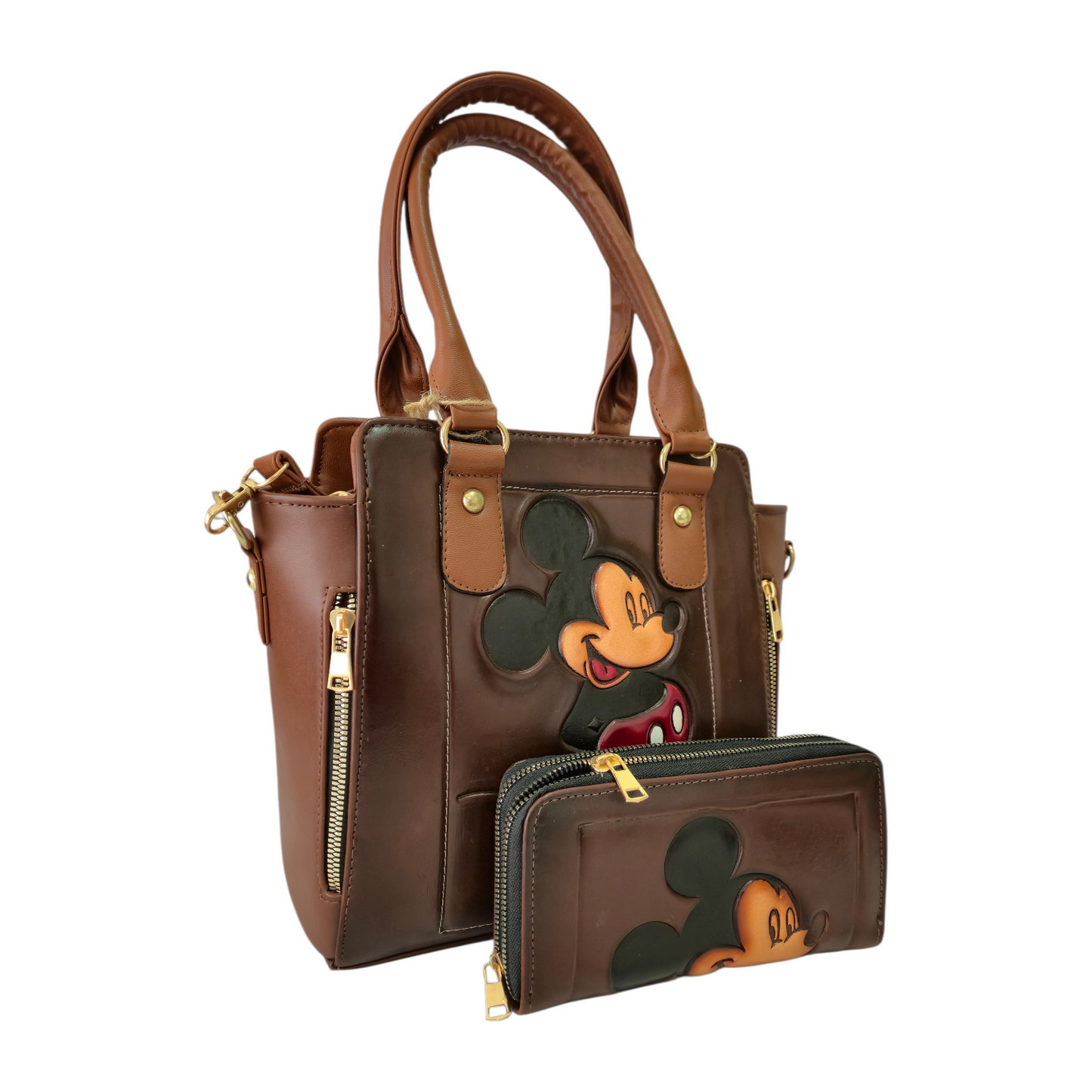 Brown Handbag with Embossed Classic Character + Matching Wallet