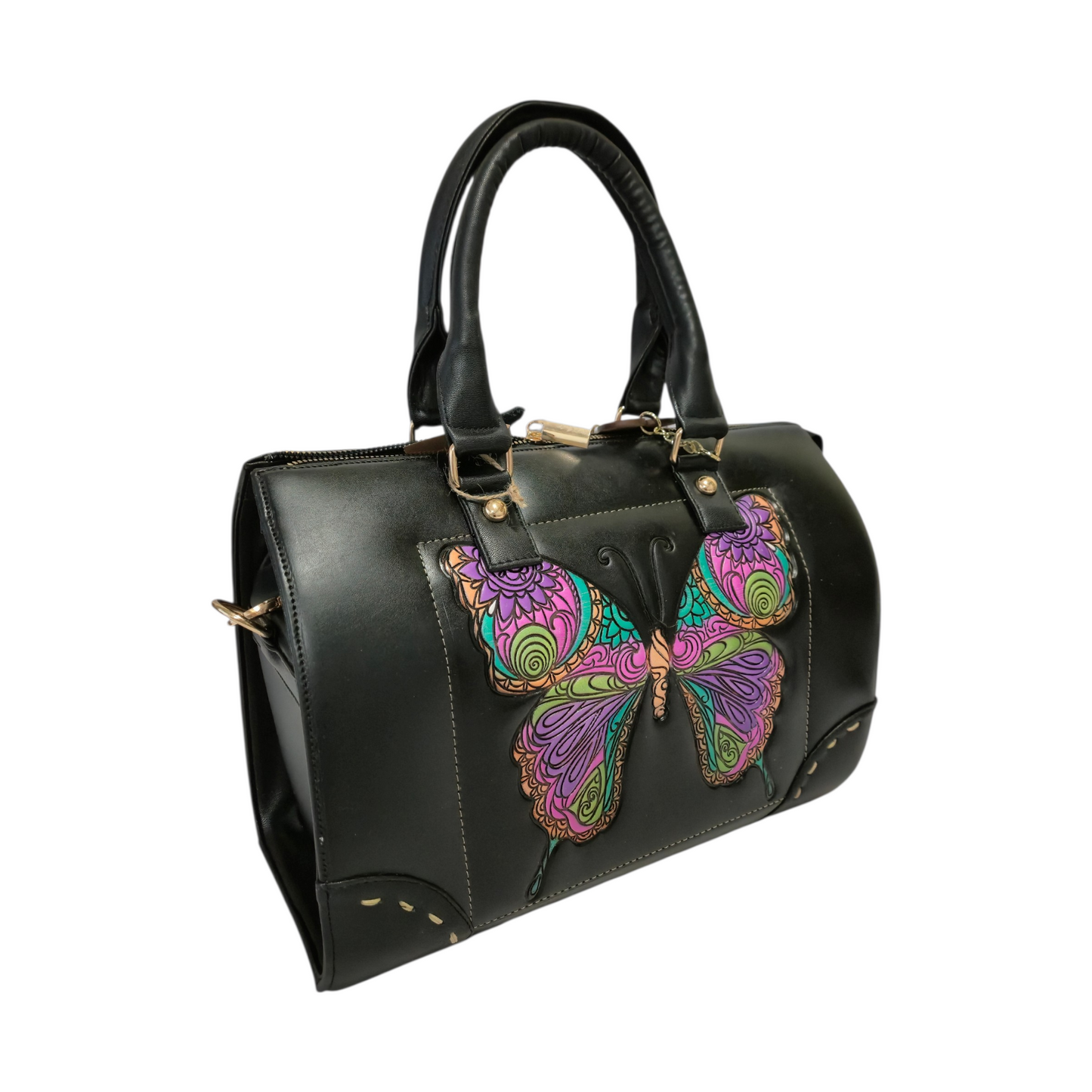 Bolsa Negra Pintada a Mano Mariposa Artesanal Mujer