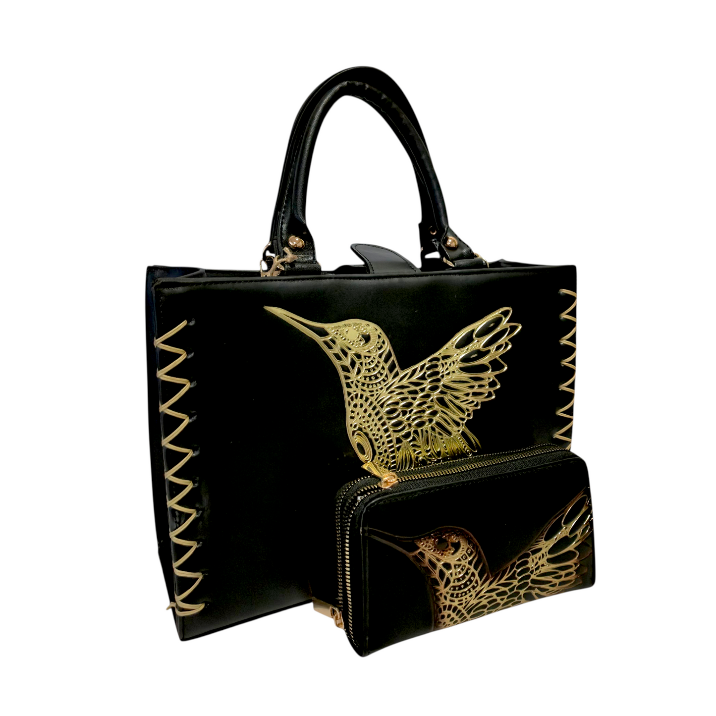 Bolsa artesanal negra con colibrí dorado en relieve y cartera a juego