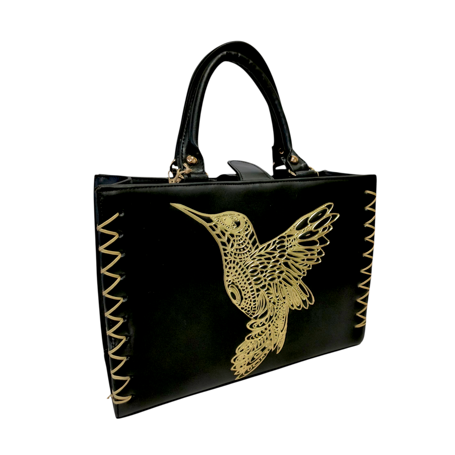 Bolsa artesanal negra con colibrí dorado en relieve y cartera a juego