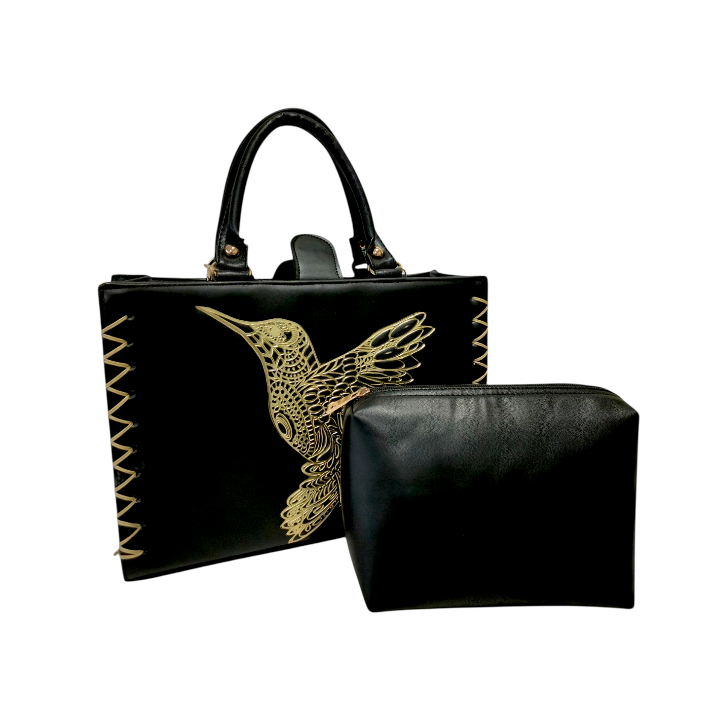 Bolsa artesanal negra con colibrí dorado en relieve y cartera a juego