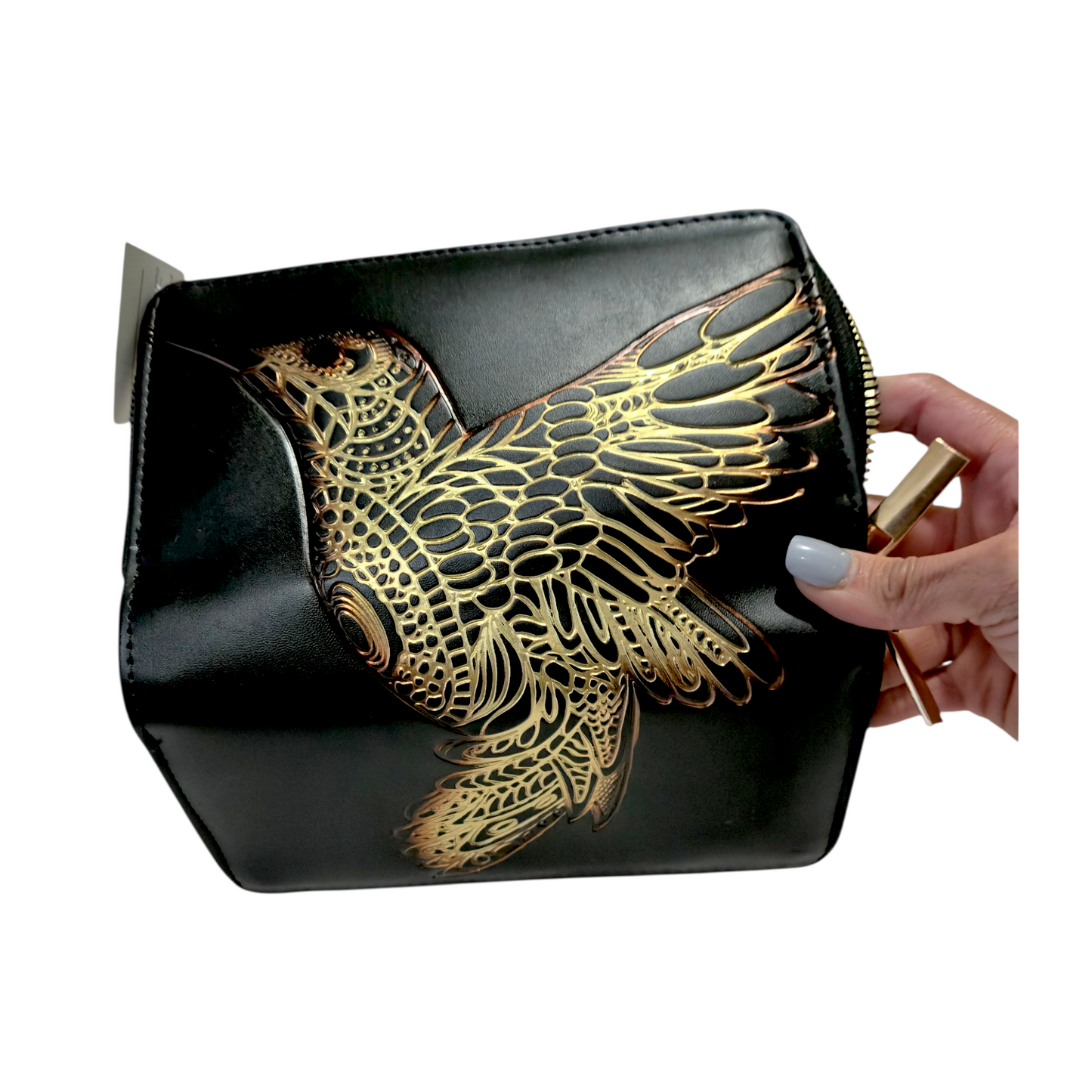 Bolsa artesanal negra con colibrí dorado en relieve y cartera a juego