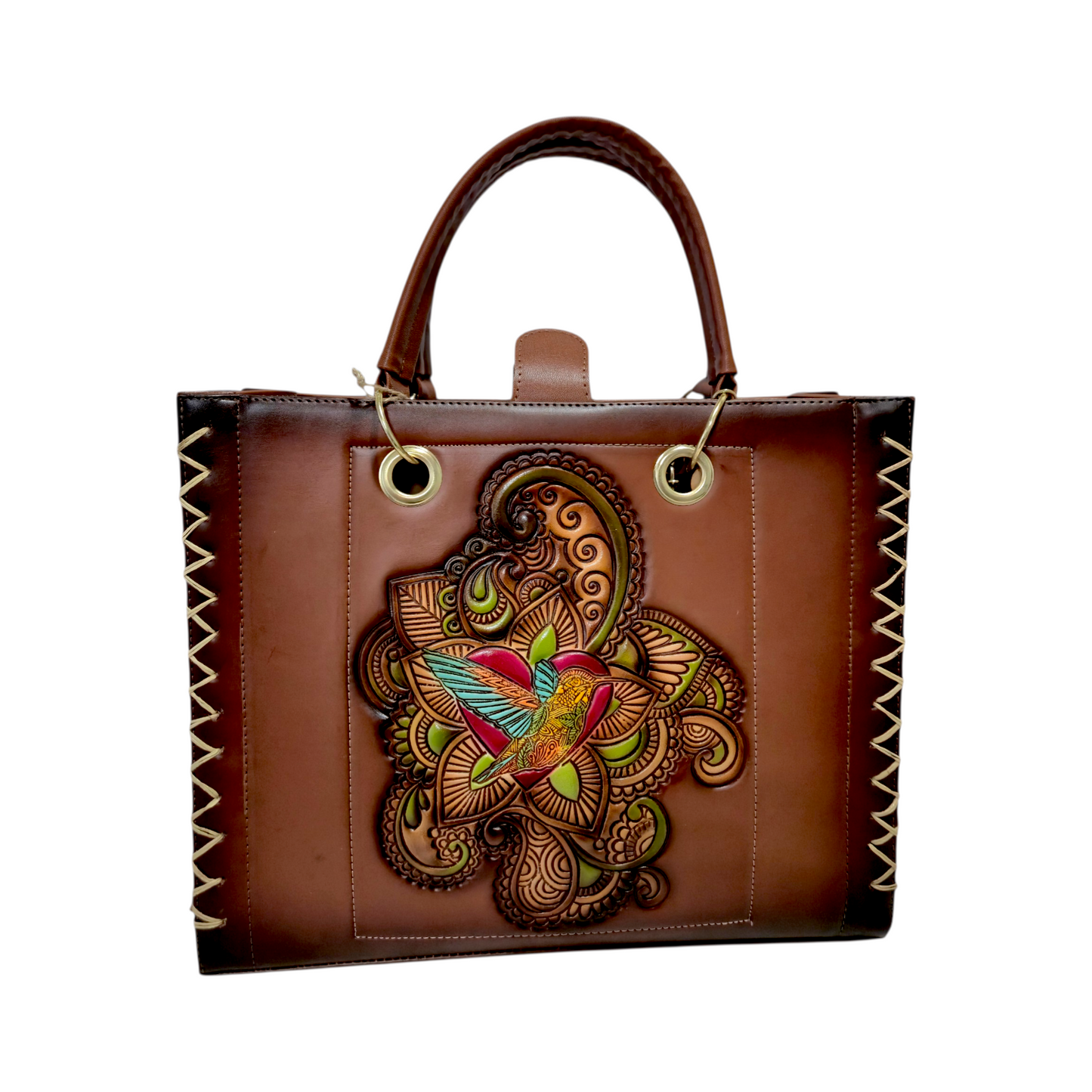Bolsa Tote Mujer Café Artesanal Con Diseño en Relieve Colibrí Incluye Bolsa Interior