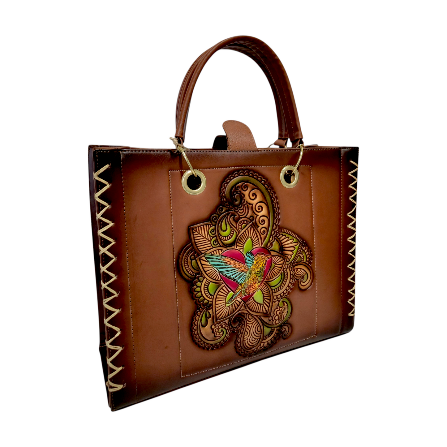 Bolsa Tote Mujer Café Artesanal Con Diseño en Relieve Colibrí Incluye Bolsa Interior