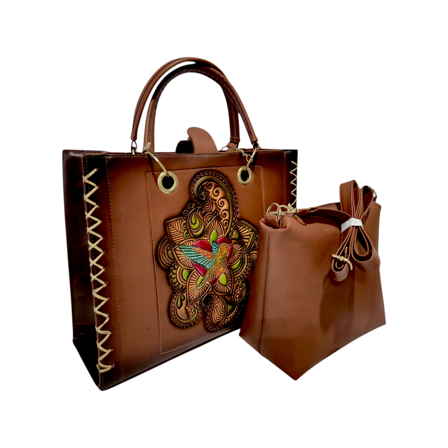 Bolsa Tote Mujer Café Artesanal Con Diseño en Relieve Colibrí Incluye Bolsa Interior