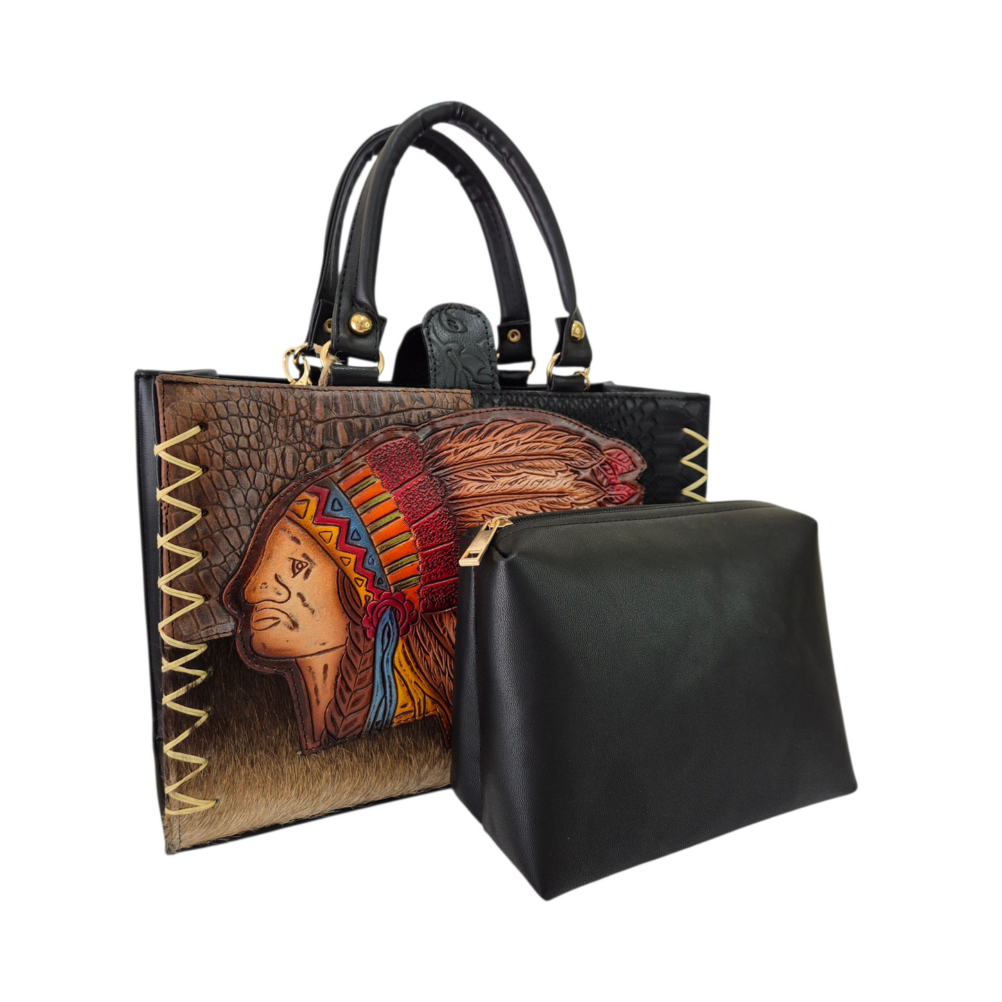Bolsa western artesanal con diseño tribal en relieve y cosmetiquera incluida