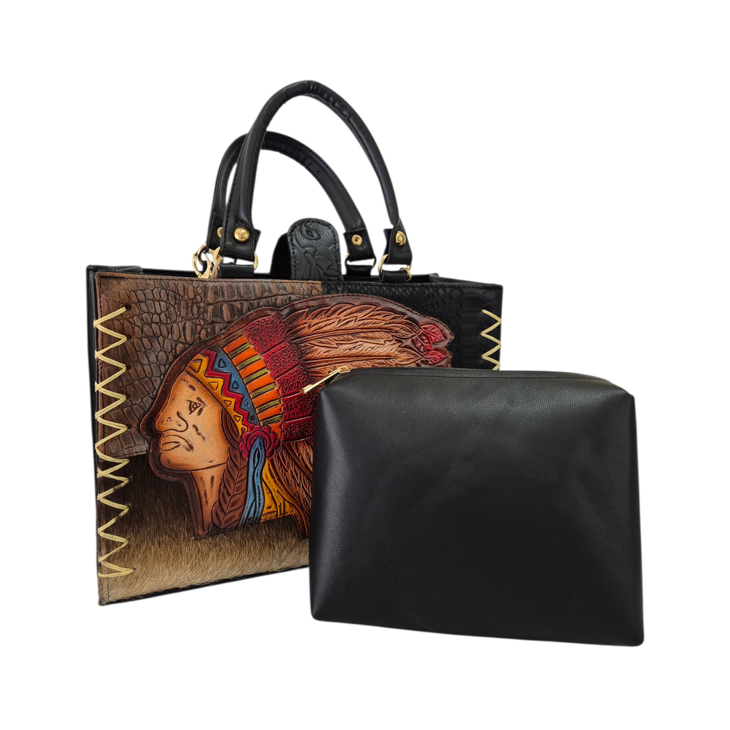 Bolsa western artesanal con diseño tribal en relieve y cosmetiquera incluida